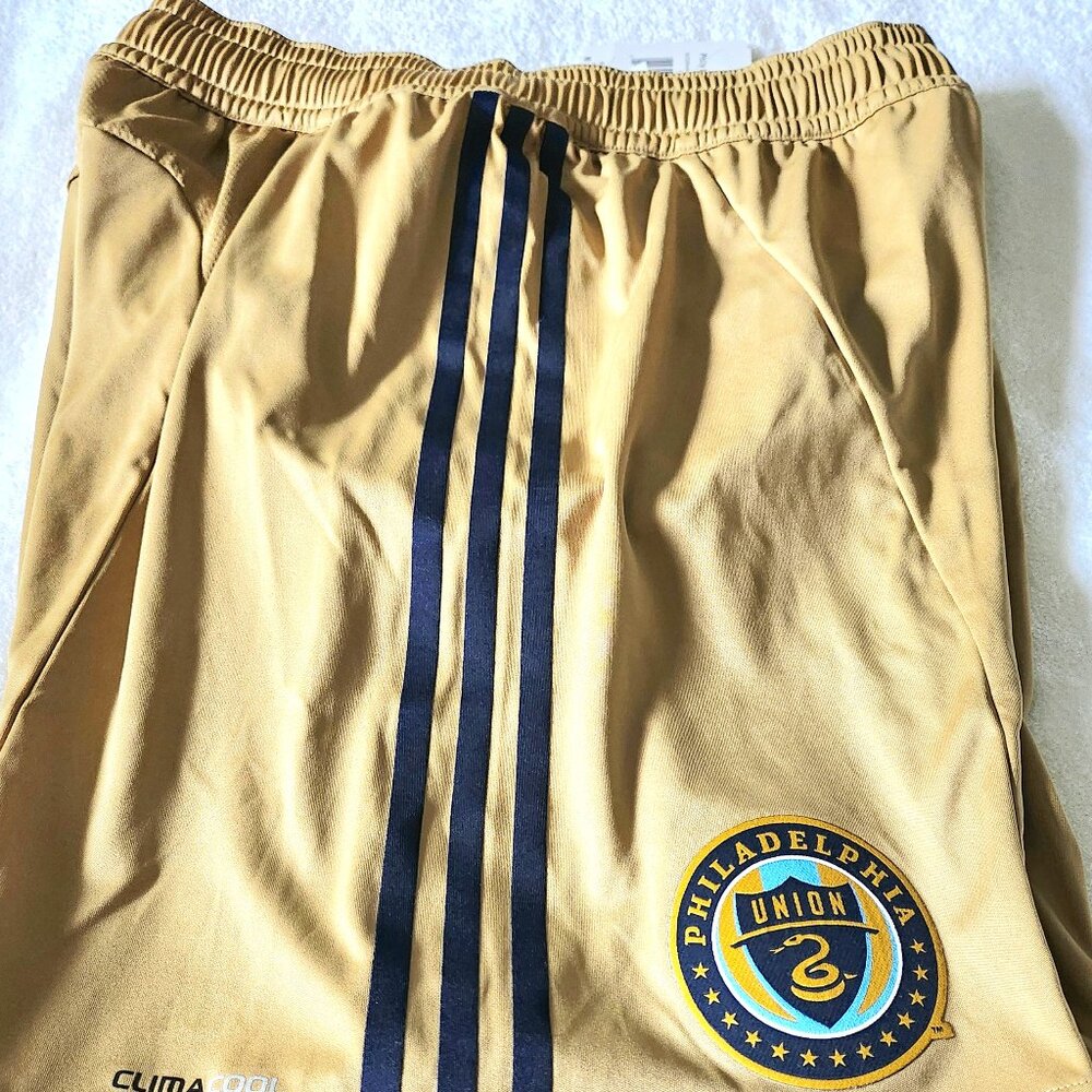 adidas Men’s Philadelphia Union Athletic Shorts Gold with Navy Stripes